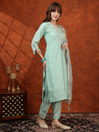 Sequined Embroidered Kurta With Pant & Floral Printed Dupatta, Green - Hiral Fashion | Grocsy