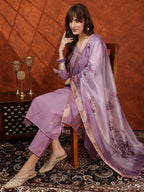 Sequined Embroidered Kurta With Pant & Floral Printed Dupatta, Lavender - Hiral Fashion | Grocsy
