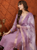 Sequined Embroidered Kurta With Pant & Floral Printed Dupatta, Lavender - Hiral Fashion | Grocsy
