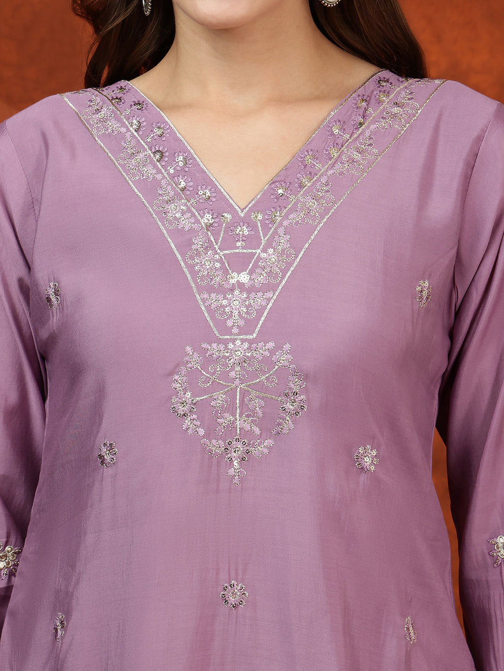 Sequined Embroidered Kurta With Pant & Floral Printed Dupatta, Lavender - Hiral Fashion | Grocsy