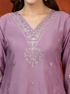 Sequined Embroidered Kurta With Pant & Floral Printed Dupatta, Lavender - Hiral Fashion | Grocsy