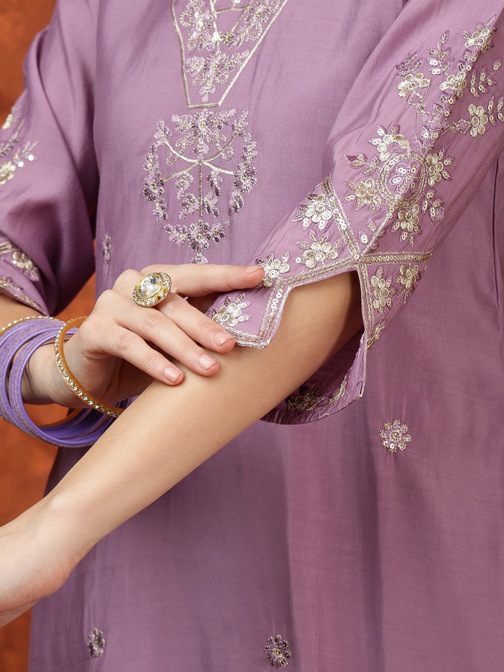 Sequined Embroidered Kurta With Pant & Floral Printed Dupatta, Lavender - Hiral Fashion | Grocsy