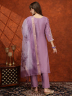 Sequined Embroidered Kurta With Pant & Floral Printed Dupatta, Lavender - Hiral Fashion | Grocsy