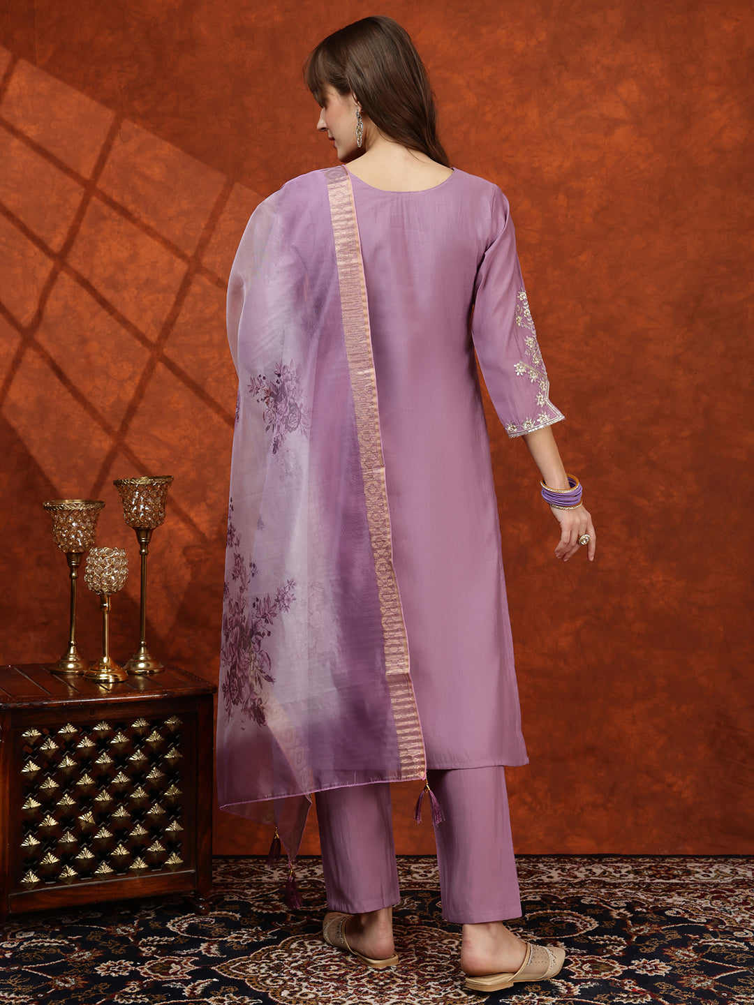 Sequined Embroidered Kurta With Pant & Floral Printed Dupatta, Lavender - Hiral Fashion | Grocsy
