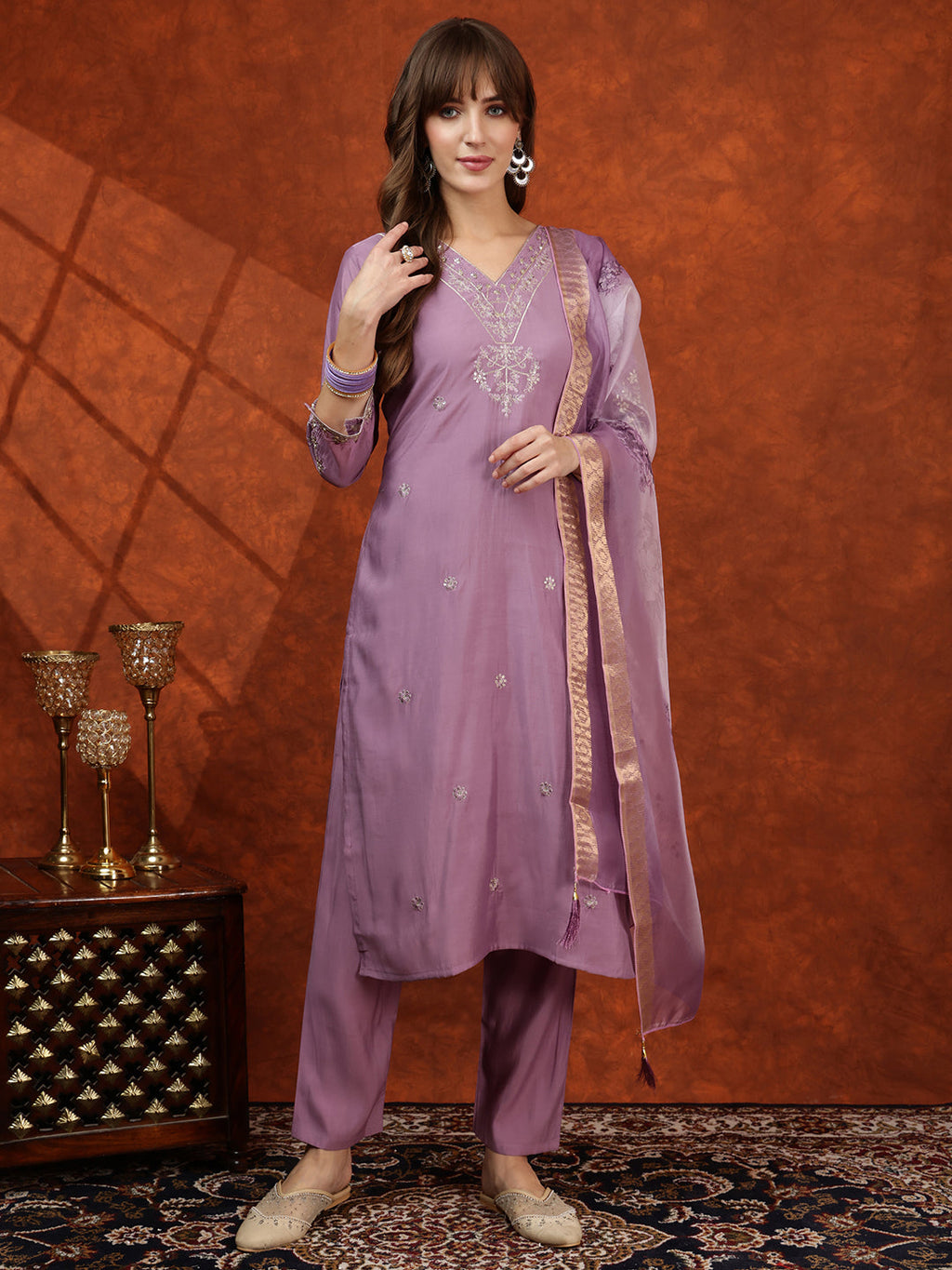 Sequined Embroidered Kurta With Pant & Floral Printed Dupatta, Lavender - Hiral Fashion | Grocsy