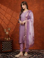 Sequined Embroidered Kurta With Pant & Floral Printed Dupatta, Lavender - Hiral Fashion | Grocsy