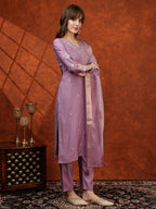 Sequined Embroidered Kurta With Pant & Floral Printed Dupatta, Lavender - Hiral Fashion | Grocsy