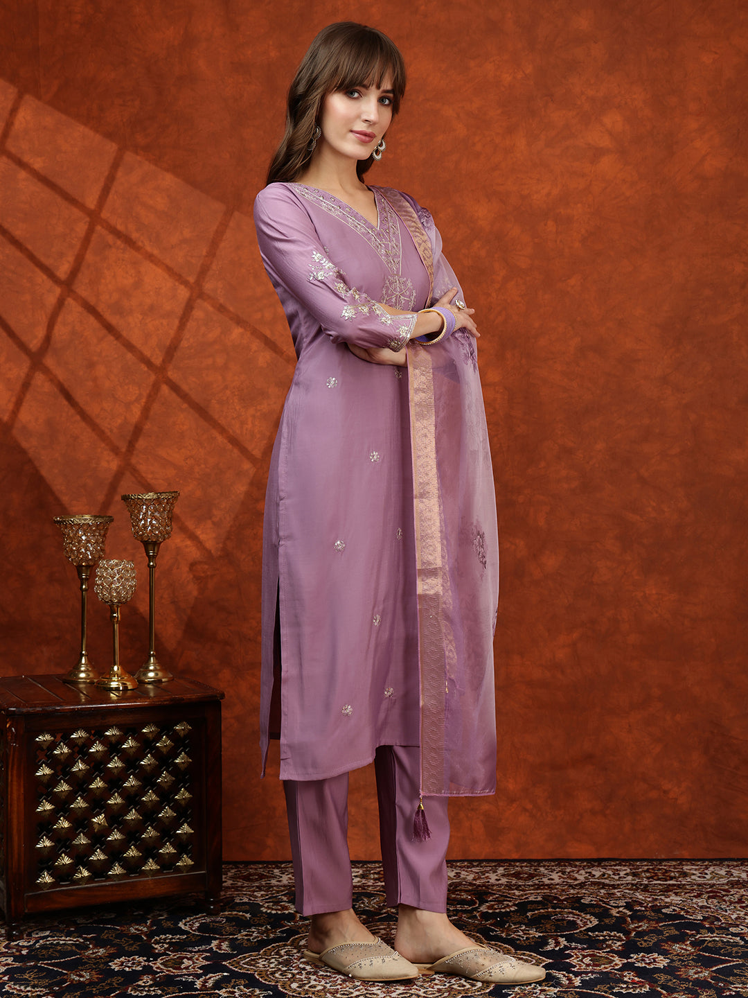 Sequined Embroidered Kurta With Pant & Floral Printed Dupatta, Lavender - Hiral Fashion | Grocsy