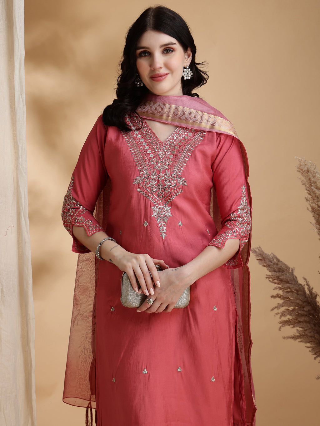 Sequined Embroidered Kurta With Pant & Floral Printed Dupatta, Pink - Hiral Fashion | Grocsy