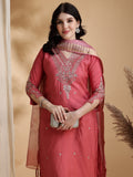 Sequined Embroidered Kurta With Pant & Floral Printed Dupatta, Pink - Hiral Fashion | Grocsy