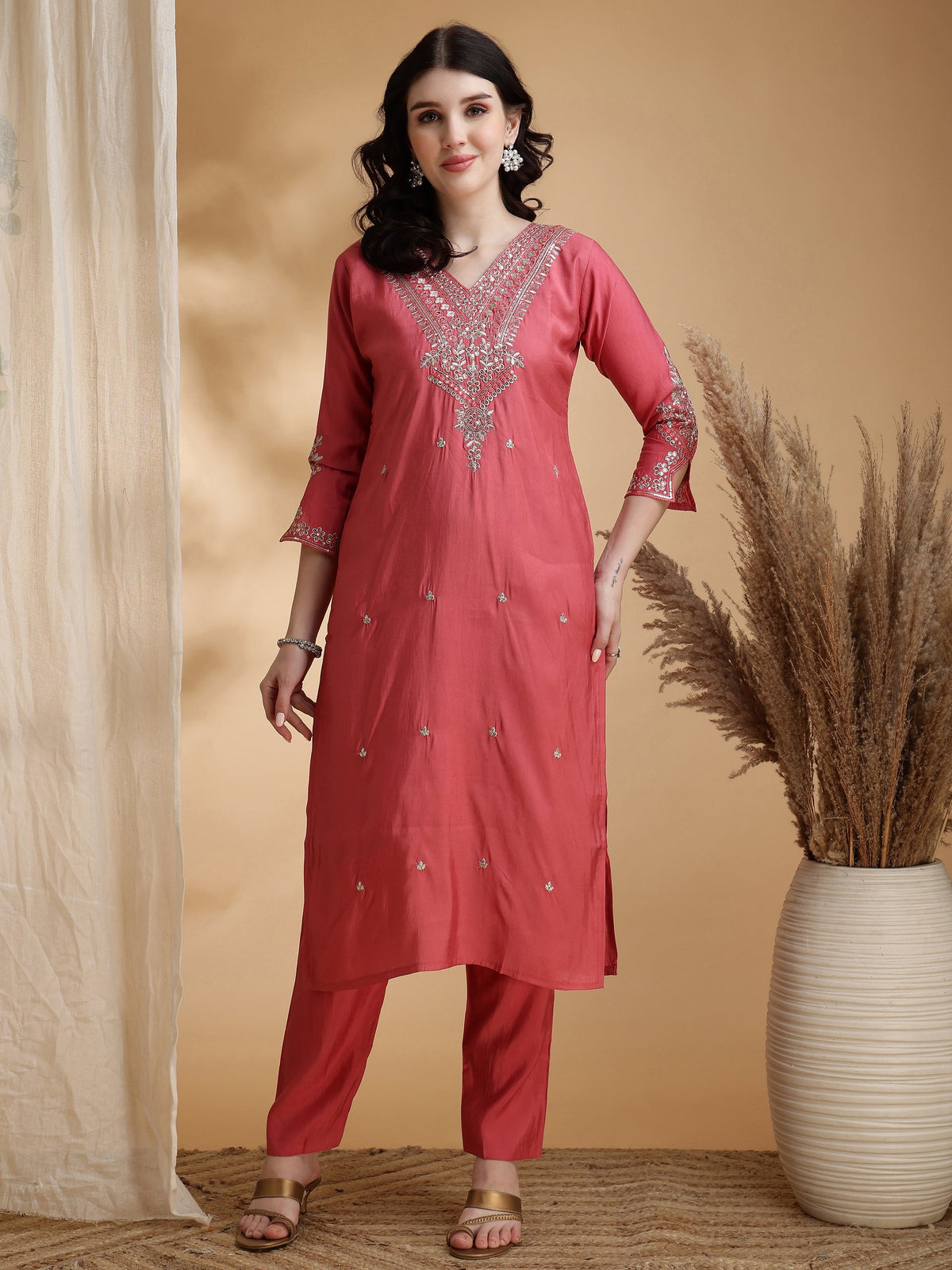 Sequined Embroidered Kurta With Pant & Floral Printed Dupatta, Pink - Hiral Fashion | Grocsy