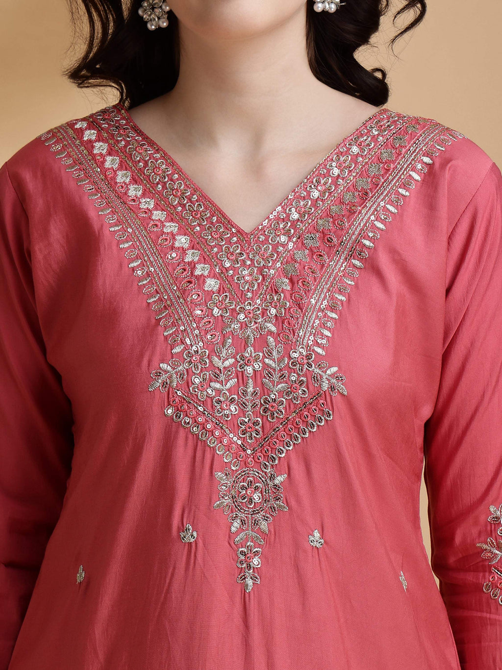 Sequined Embroidered Kurta With Pant & Floral Printed Dupatta, Pink - Hiral Fashion | Grocsy