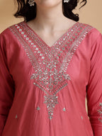 Sequined Embroidered Kurta With Pant & Floral Printed Dupatta, Pink - Hiral Fashion | Grocsy