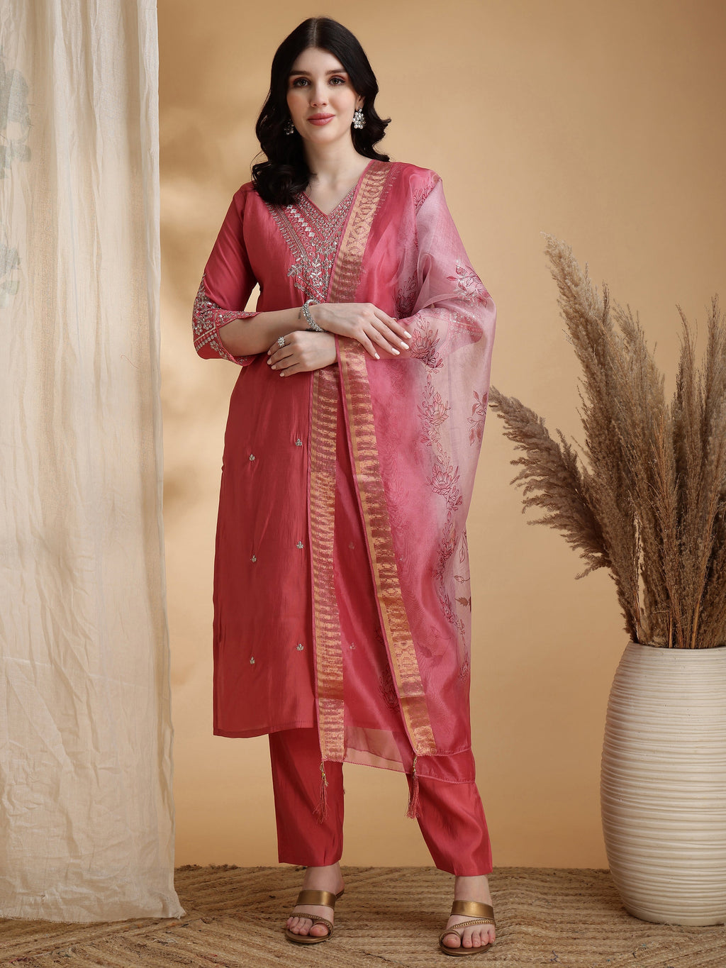 Sequined Embroidered Kurta With Pant & Floral Printed Dupatta, Pink - Hiral Fashion | Grocsy
