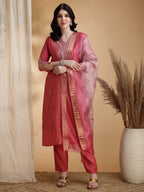 Sequined Embroidered Kurta With Pant & Floral Printed Dupatta, Pink - Hiral Fashion | Grocsy