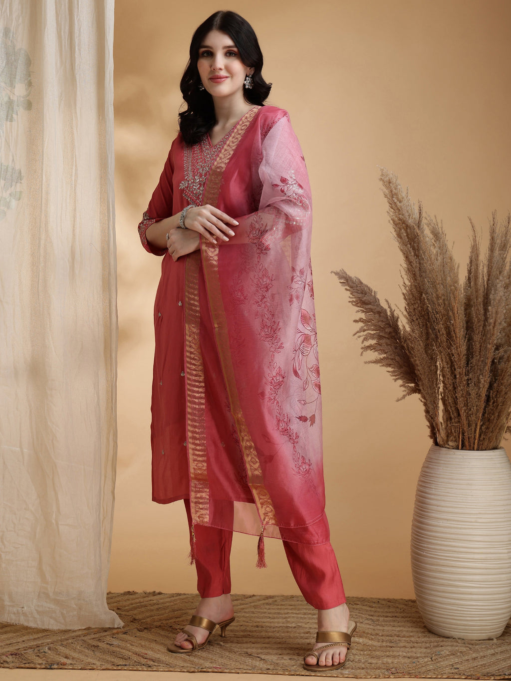 Sequined Embroidered Kurta With Pant & Floral Printed Dupatta, Pink - Hiral Fashion | Grocsy