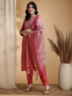 Sequined Embroidered Kurta With Pant & Floral Printed Dupatta, Pink - Hiral Fashion | Grocsy