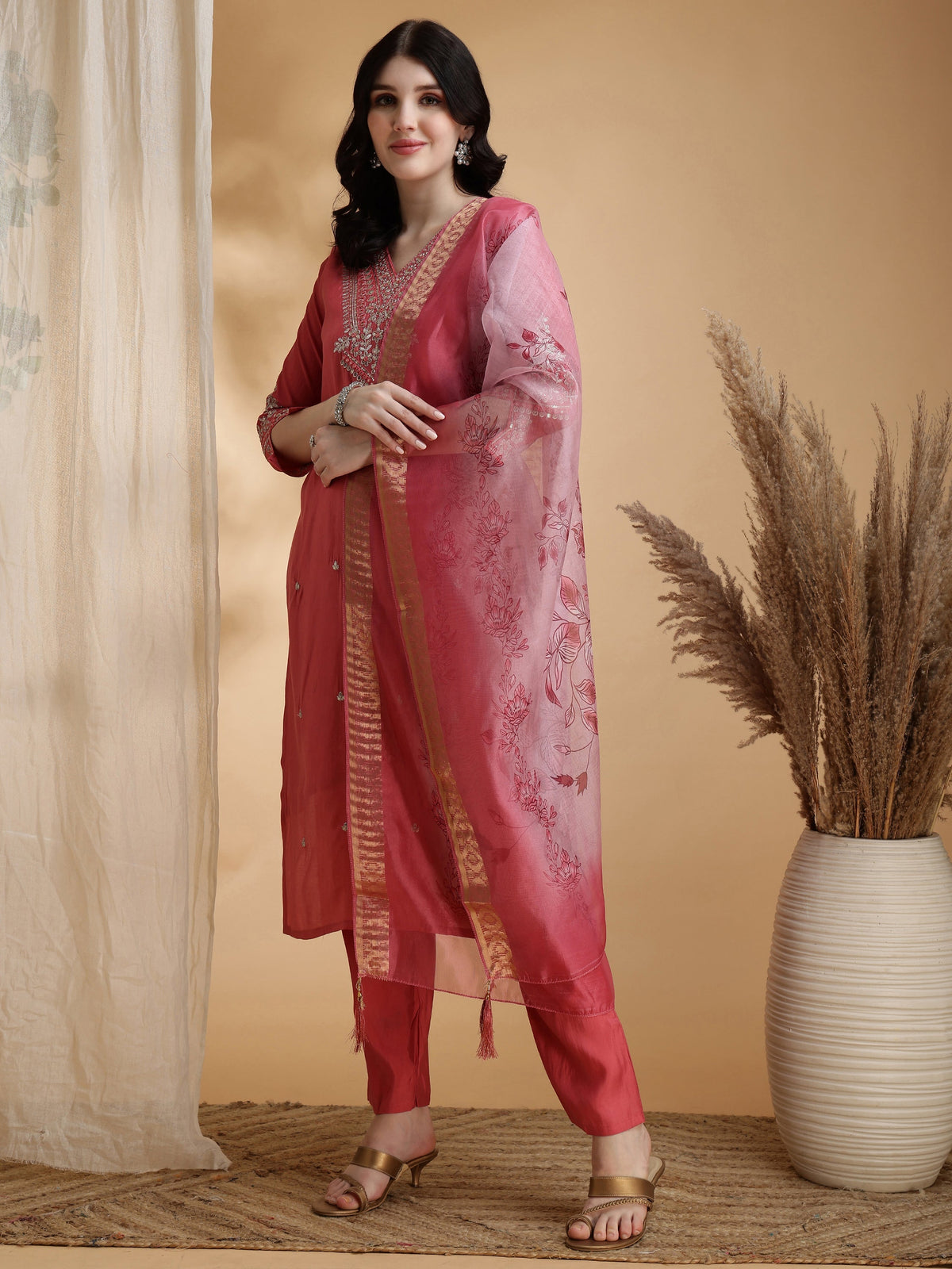 Sequined Embroidered Kurta With Pant & Floral Printed Dupatta, Pink - Hiral Fashion | Grocsy