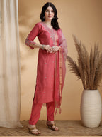 Sequined Embroidered Kurta With Pant & Floral Printed Dupatta, Pink - Hiral Fashion | Grocsy