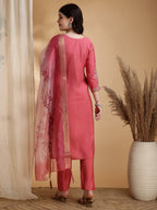 Sequined Embroidered Kurta With Pant & Floral Printed Dupatta, Pink - Hiral Fashion | Grocsy