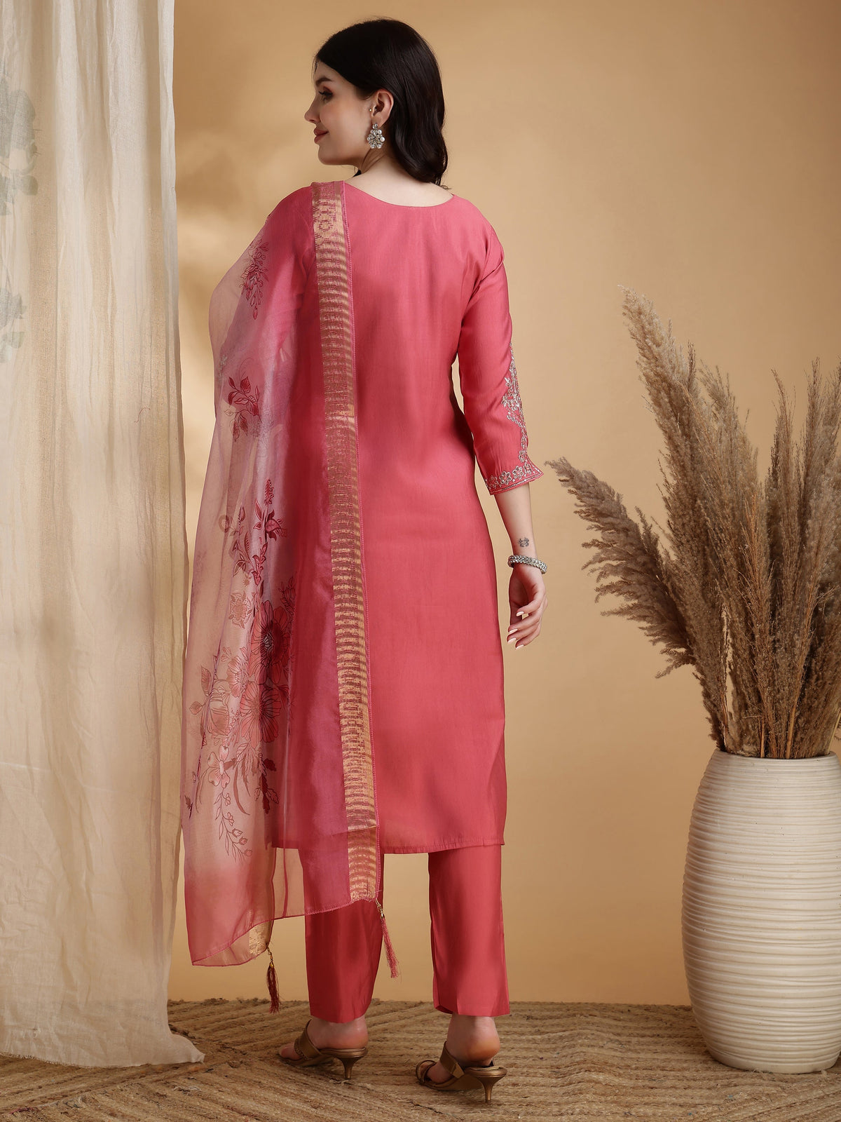 Sequined Embroidered Kurta With Pant & Floral Printed Dupatta, Pink - Hiral Fashion | Grocsy