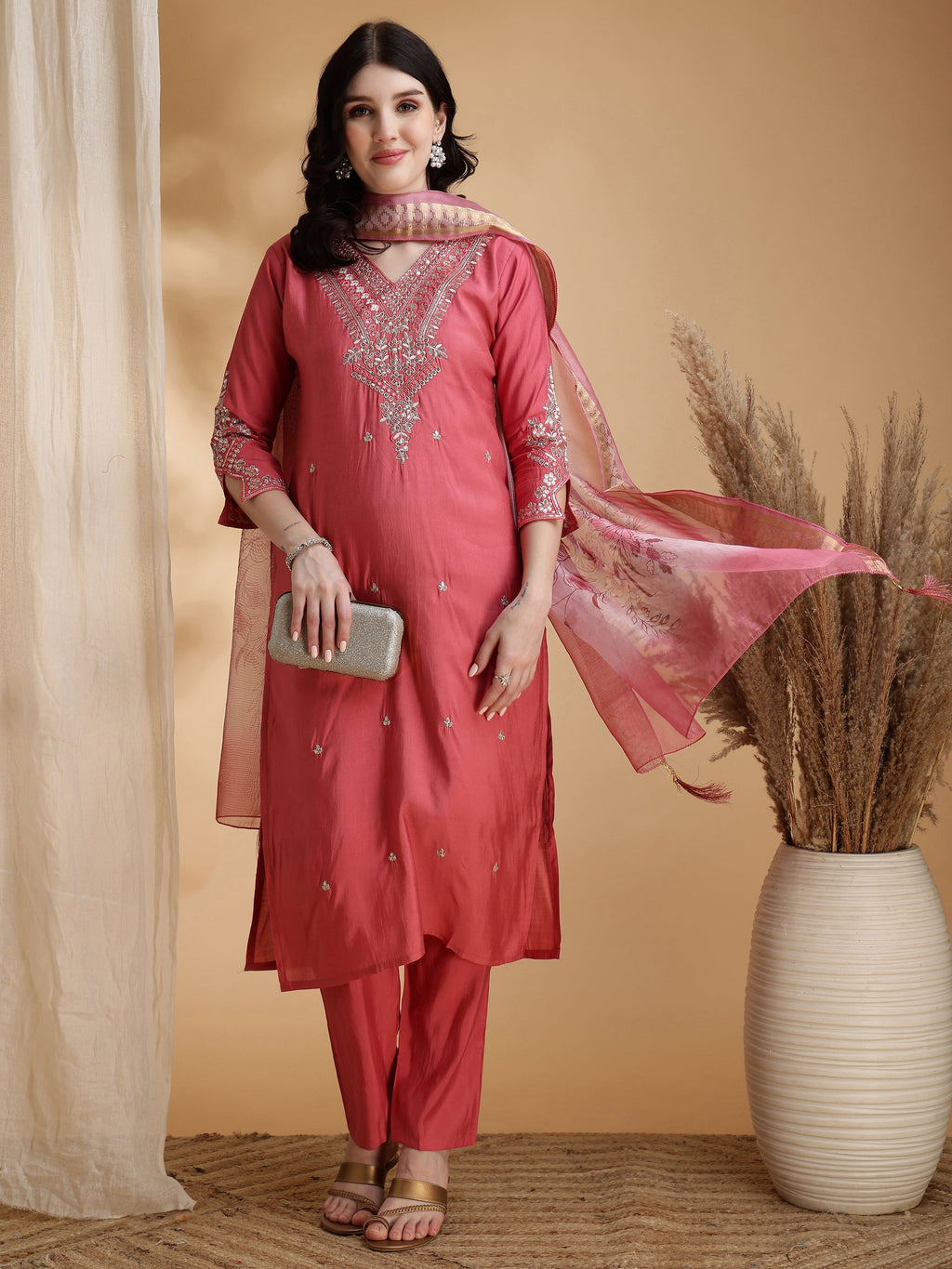 Sequined Embroidered Kurta With Pant & Floral Printed Dupatta, Pink - Hiral Fashion | Grocsy