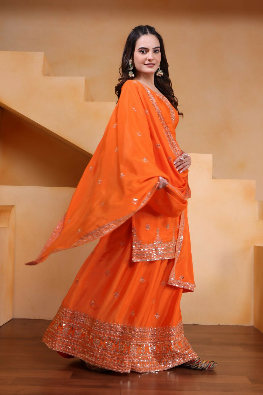 Teeya Creation Orange Color Chinon Silk Wedding Wear Trending Palazzo Set | Grocsy