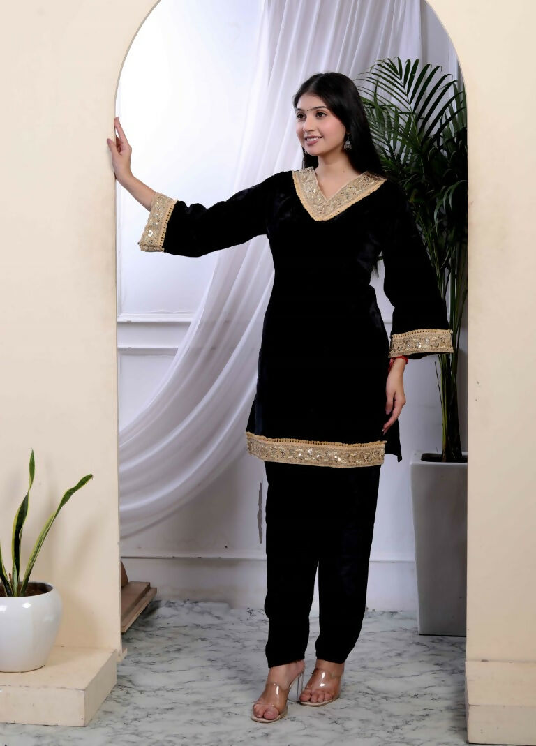 Miravan Women's Black Velvet Dreams Embroidered Co-ord Set | Grocsy