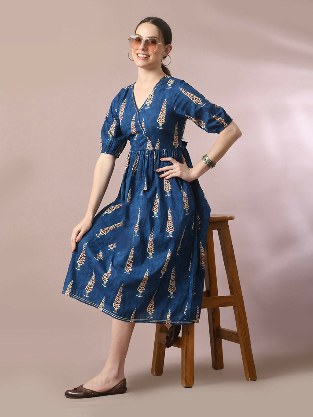 Myshka Women's Blue Printed Cotton V-Neck Empire Party Dress | Grocsy