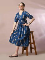 Myshka Women's Blue Printed Cotton V-Neck Empire Party Dress | Grocsy