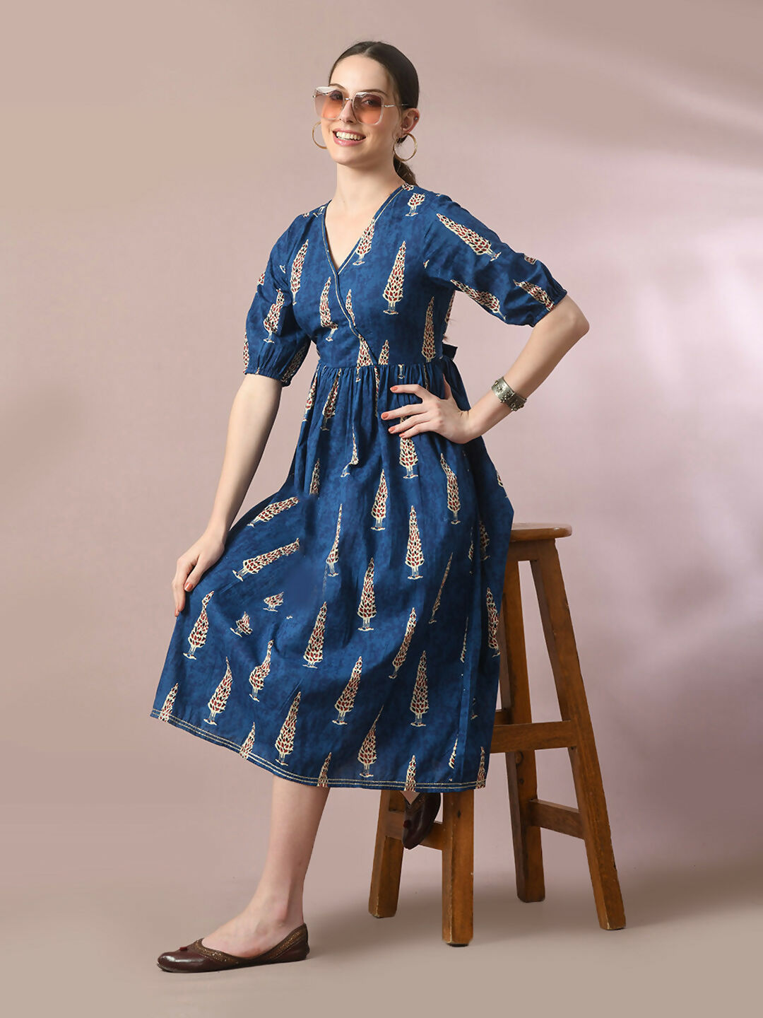 Myshka Women's Blue Printed Cotton V-Neck Empire Party Dress | Grocsy