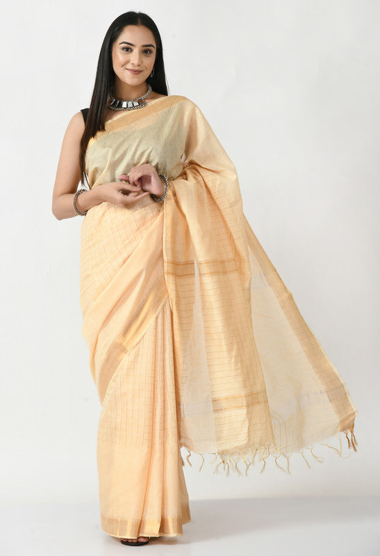 Mominos Fashion Moeza Golden Bhagalpuri Handloom Silk Raj Shree Saree with unstitched Blouse piece | Grocsy