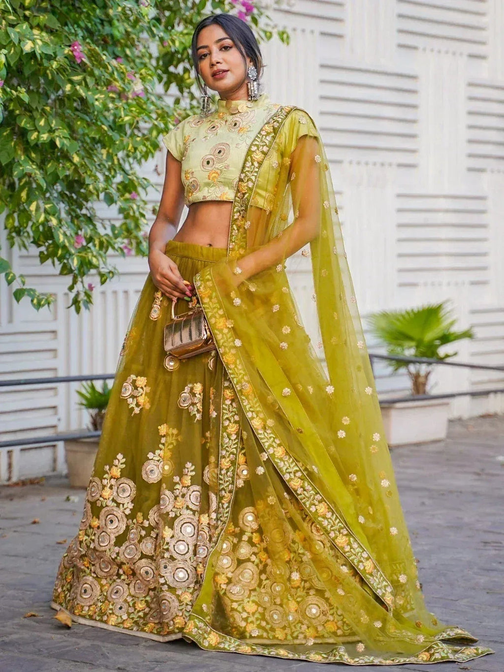 Tulsi Art Ravishing Green Mirror Embroidered Net Reception Wear Lehenga Choli | Grocsy