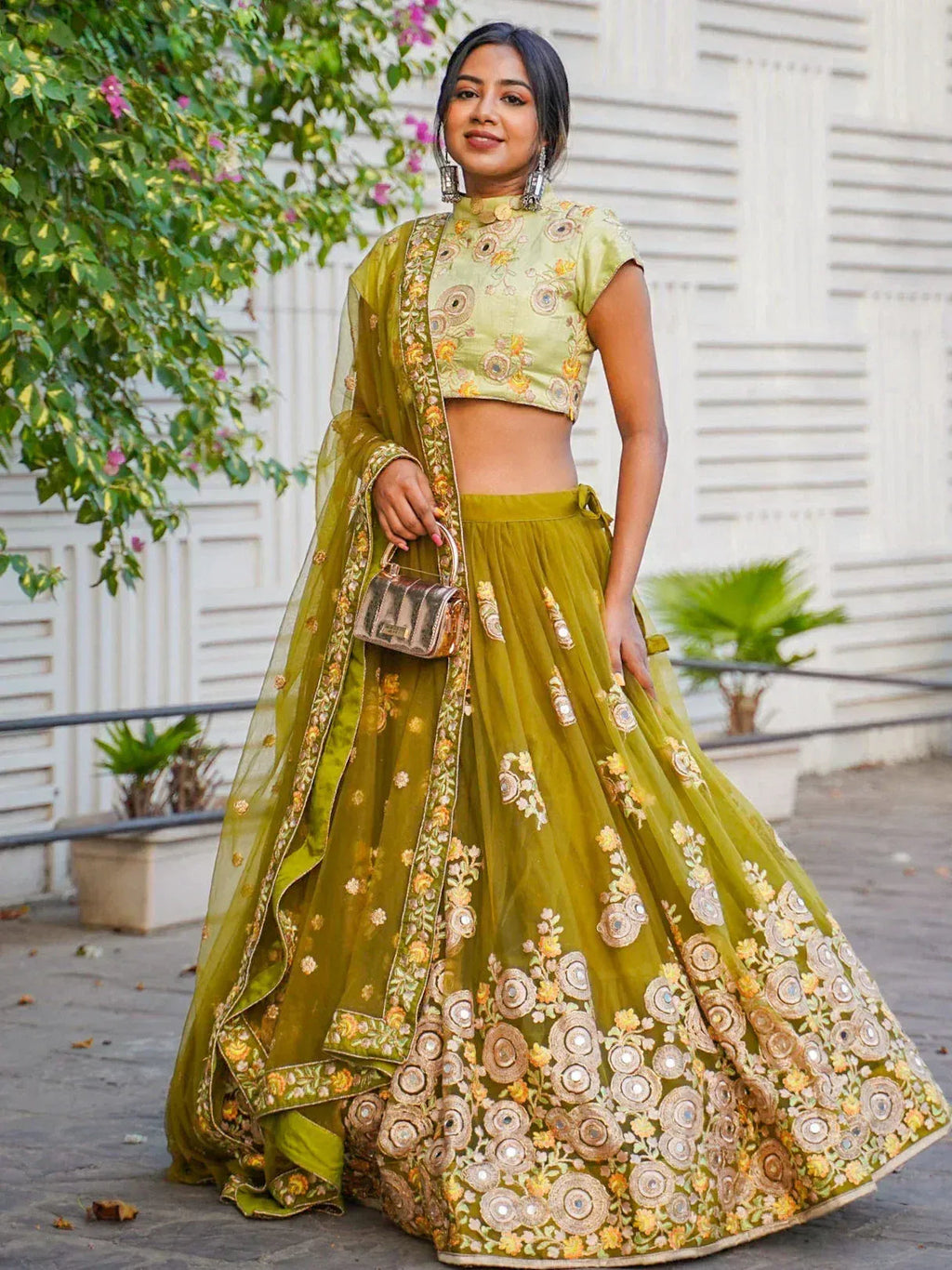 Tulsi Art Ravishing Green Mirror Embroidered Net Reception Wear Lehenga Choli | Grocsy