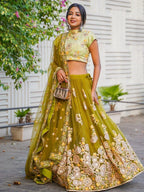 Tulsi Art Ravishing Green Mirror Embroidered Net Reception Wear Lehenga Choli | Grocsy