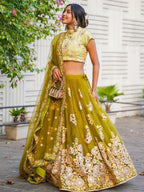 Tulsi Art Ravishing Green Mirror Embroidered Net Reception Wear Lehenga Choli | Grocsy