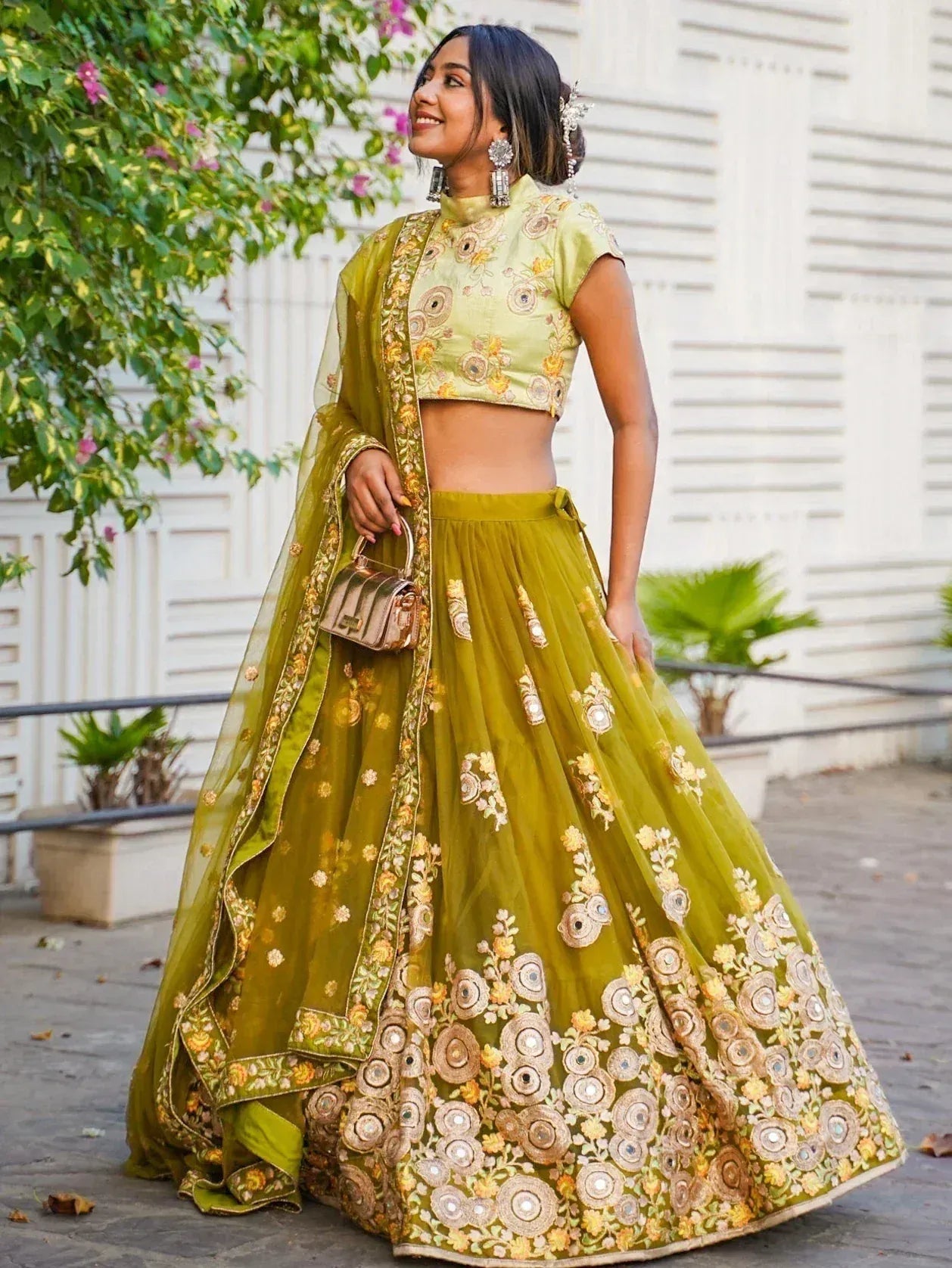 Tulsi Art Ravishing Green Mirror Embroidered Net Reception Wear Lehenga Choli | Grocsy