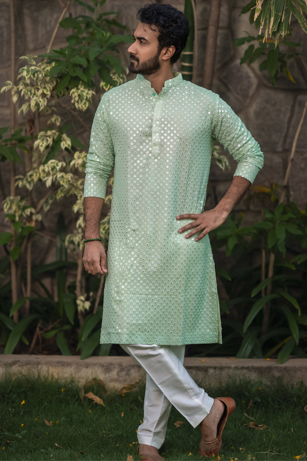 Pista Green Mirror Designer Men's Kurta by Hilo Design | Grocsy