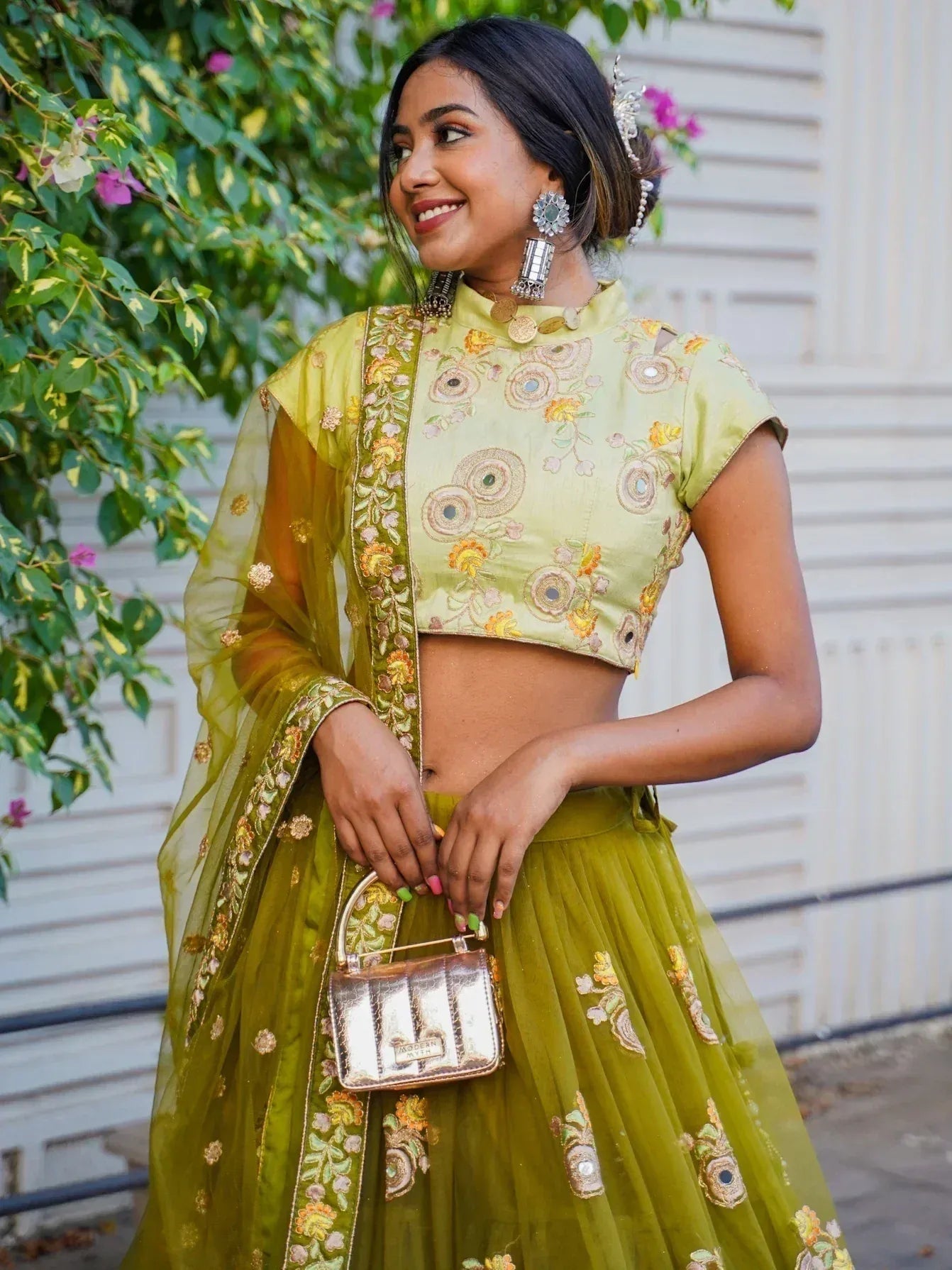 Tulsi Art Ravishing Green Mirror Embroidered Net Reception Wear Lehenga Choli | Grocsy