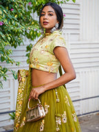 Tulsi Art Ravishing Green Mirror Embroidered Net Reception Wear Lehenga Choli | Grocsy