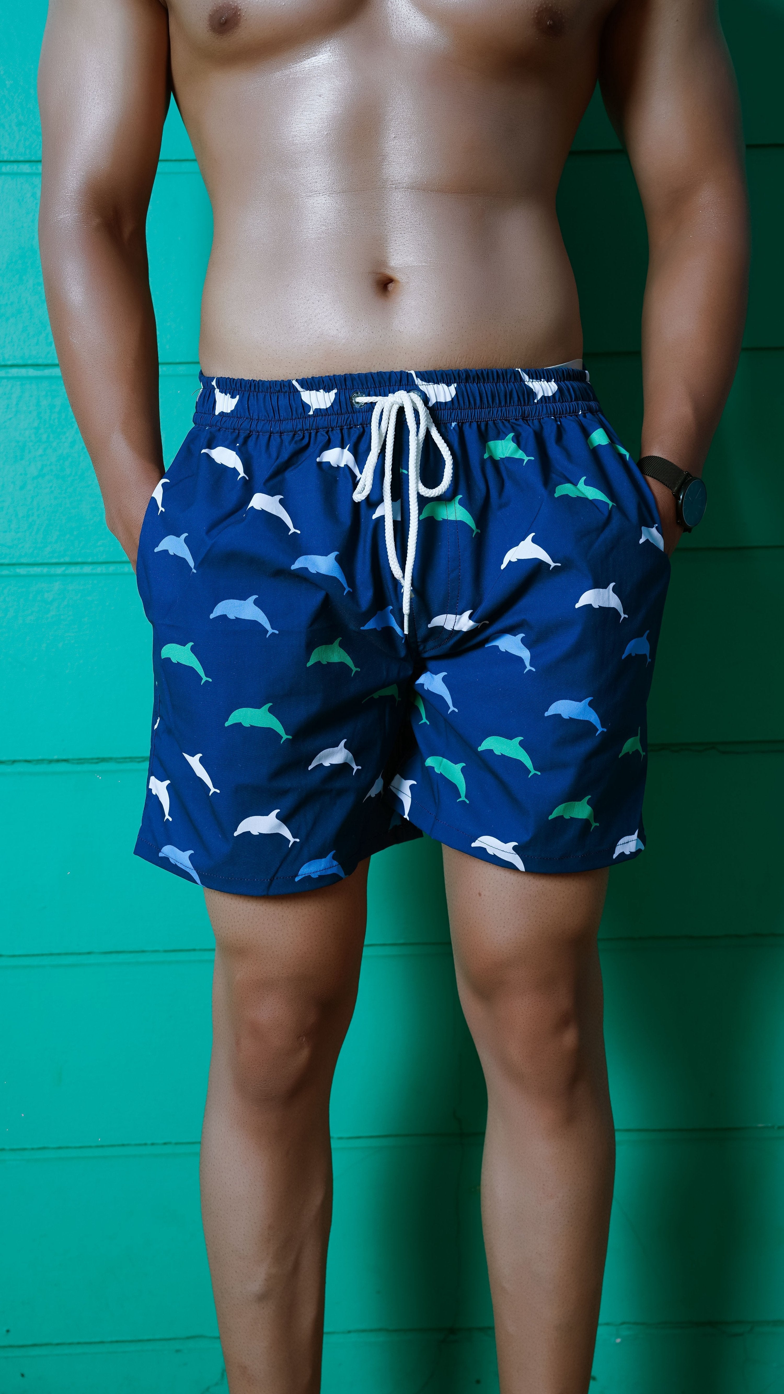 Noroke Sustainable fabric | Poly elastane Dolphin Patterned Men Swim Shorts | Grocsy