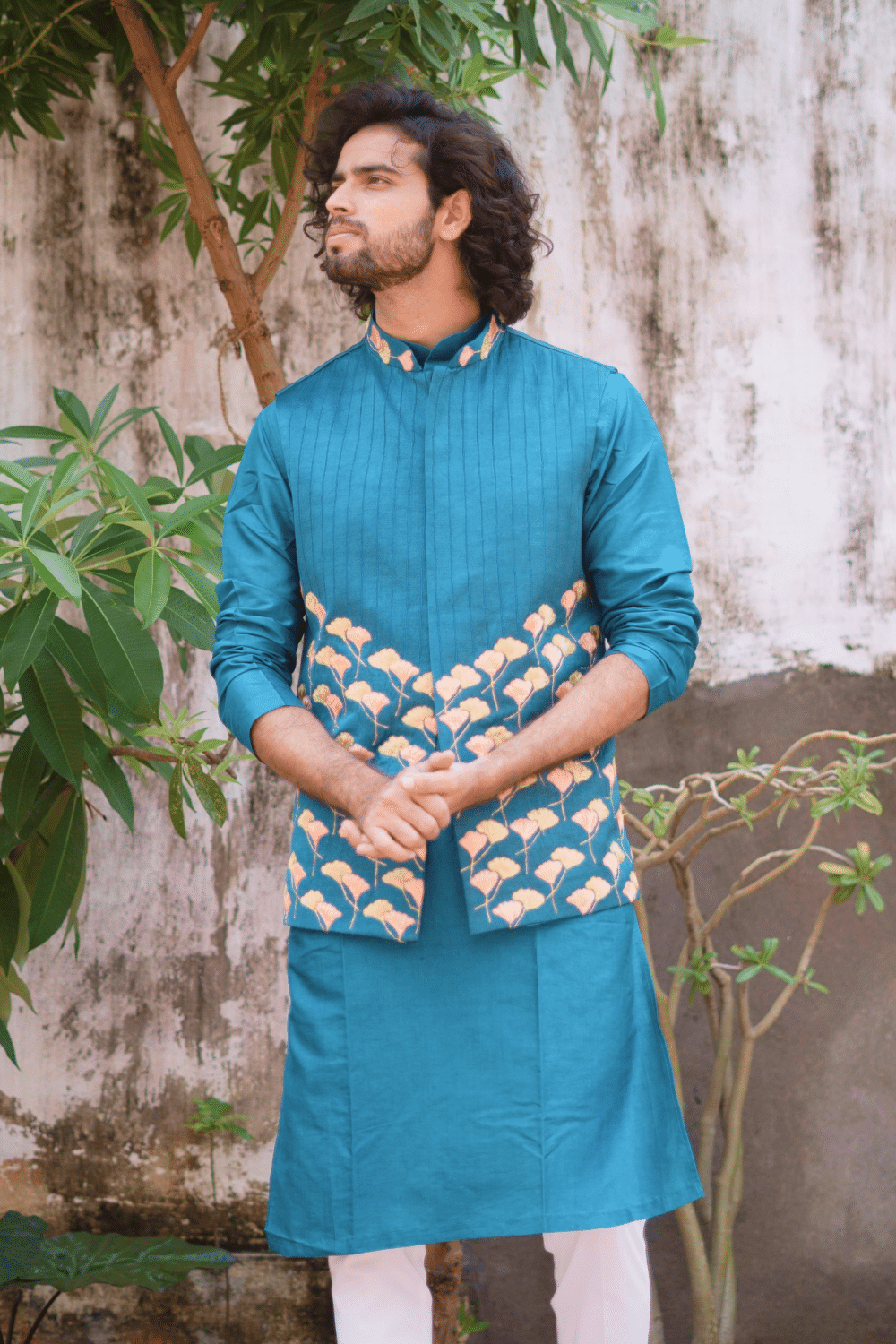Peacock Blue Designer Men's Nehru Jacket by Hilo Design | Grocsy