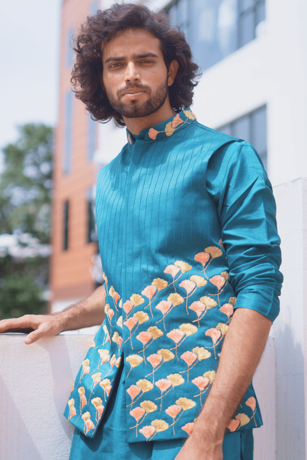 Peacock Blue Designer Men's Nehru Jacket by Hilo Design | Grocsy