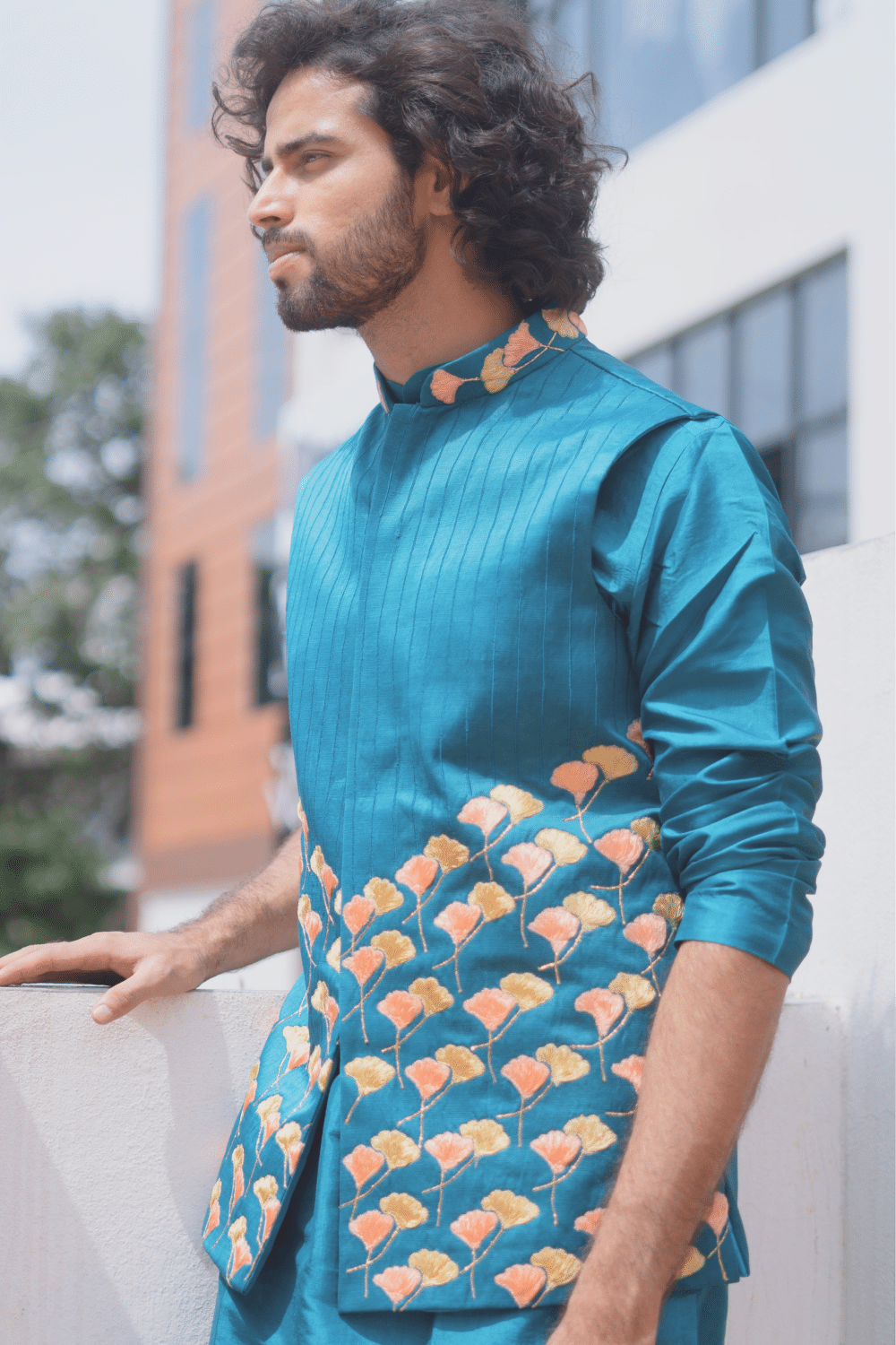 Peacock Blue Designer Men's Nehru Jacket by Hilo Design | Grocsy