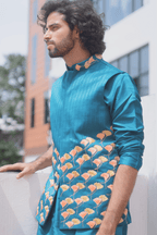 Peacock Blue Designer Men's Nehru Jacket by Hilo Design | Grocsy