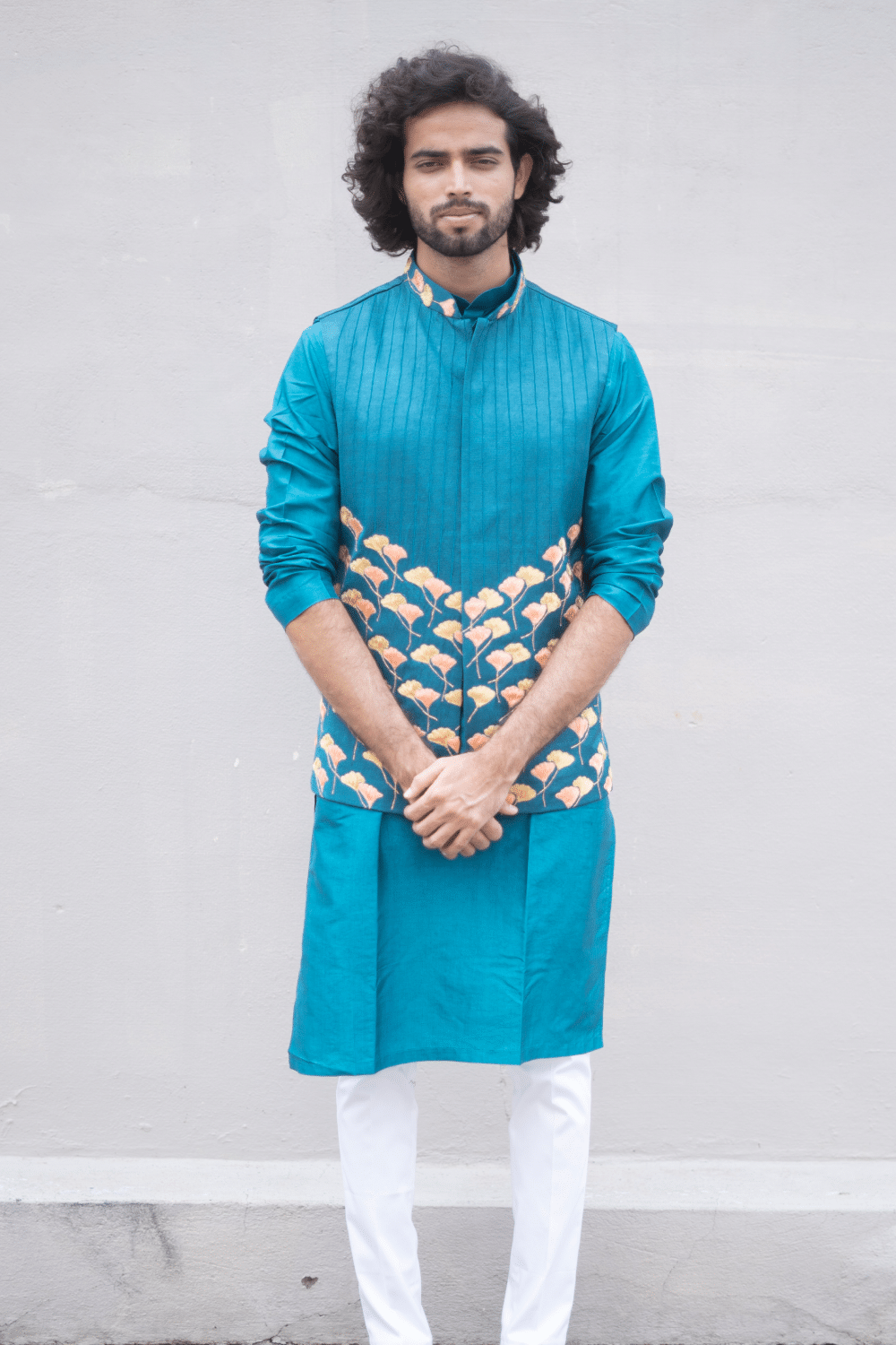 Peacock Blue Designer Men's Nehru Jacket by Hilo Design | Grocsy