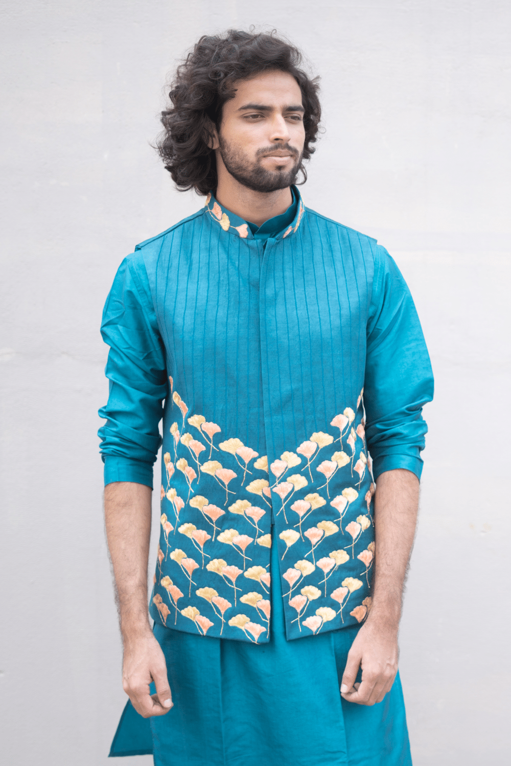 Peacock Blue Designer Men's Nehru Jacket by Hilo Design | Grocsy