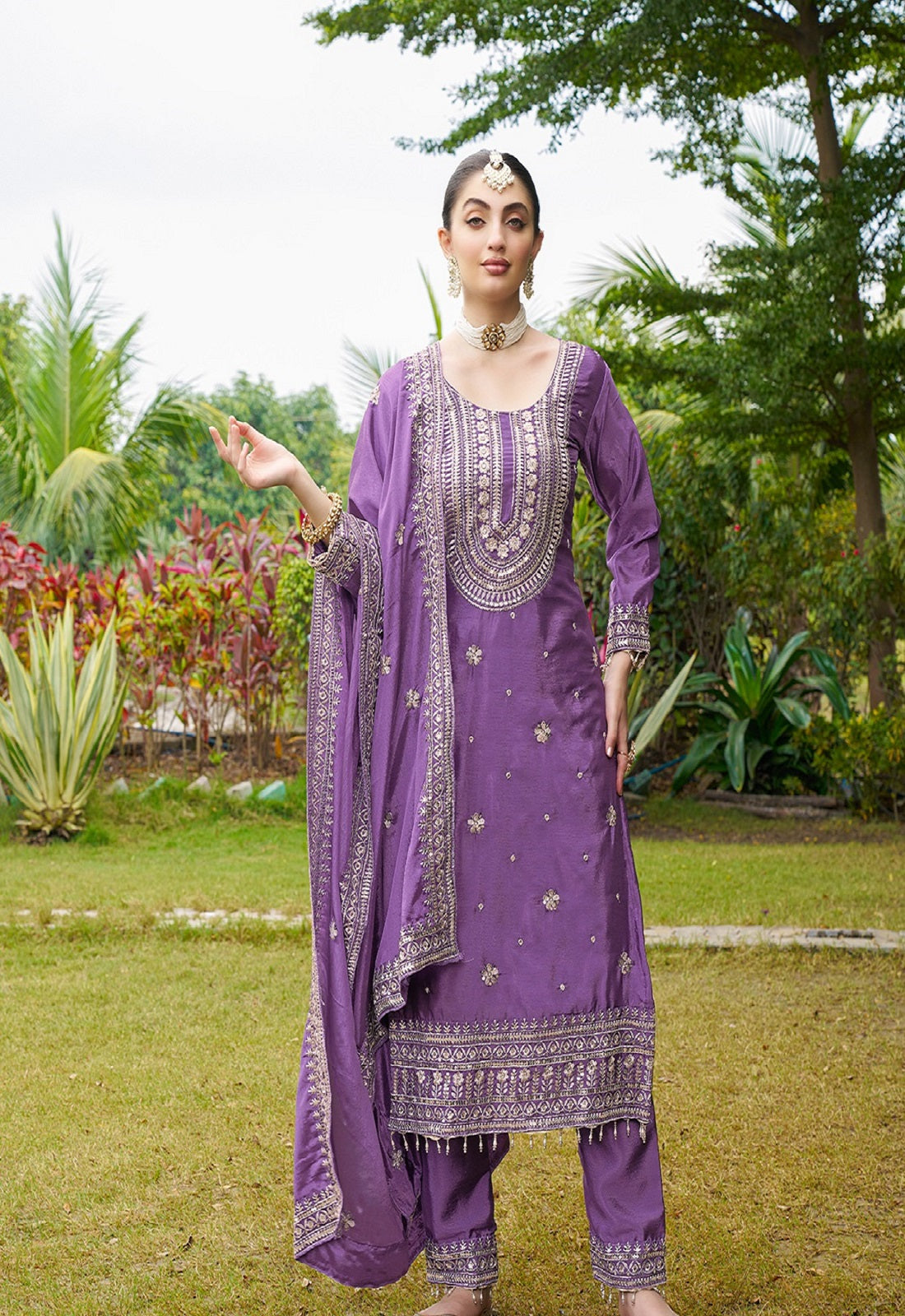 Teeya Creation Purple Color Chinon Silk Heavy Embroidery Work Fully Stitched Salwar Suit | Grocsy