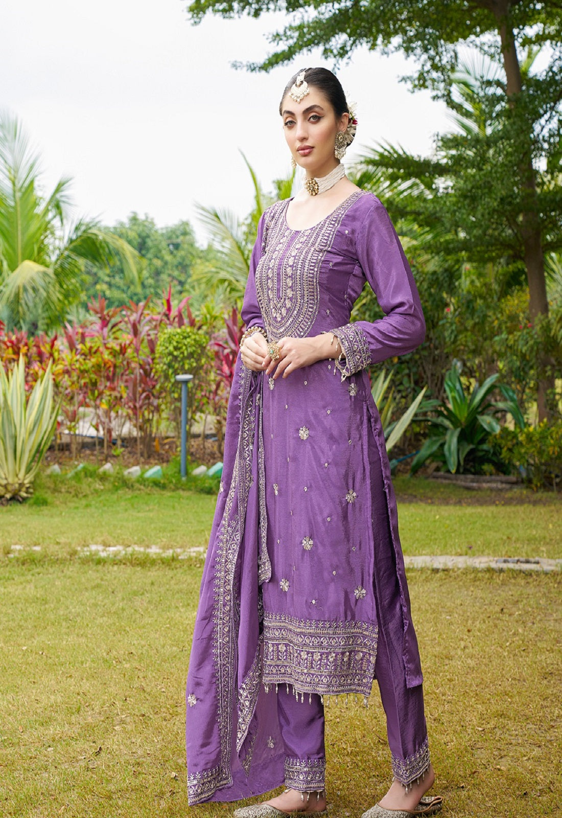 Teeya Creation Purple Color Chinon Silk Heavy Embroidery Work Fully Stitched Salwar Suit | Grocsy