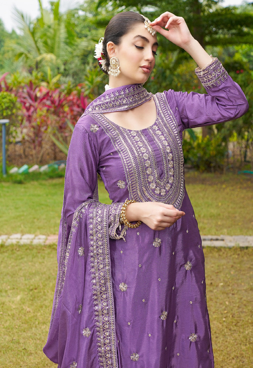Teeya Creation Purple Color Chinon Silk Heavy Embroidery Work Fully Stitched Salwar Suit | Grocsy